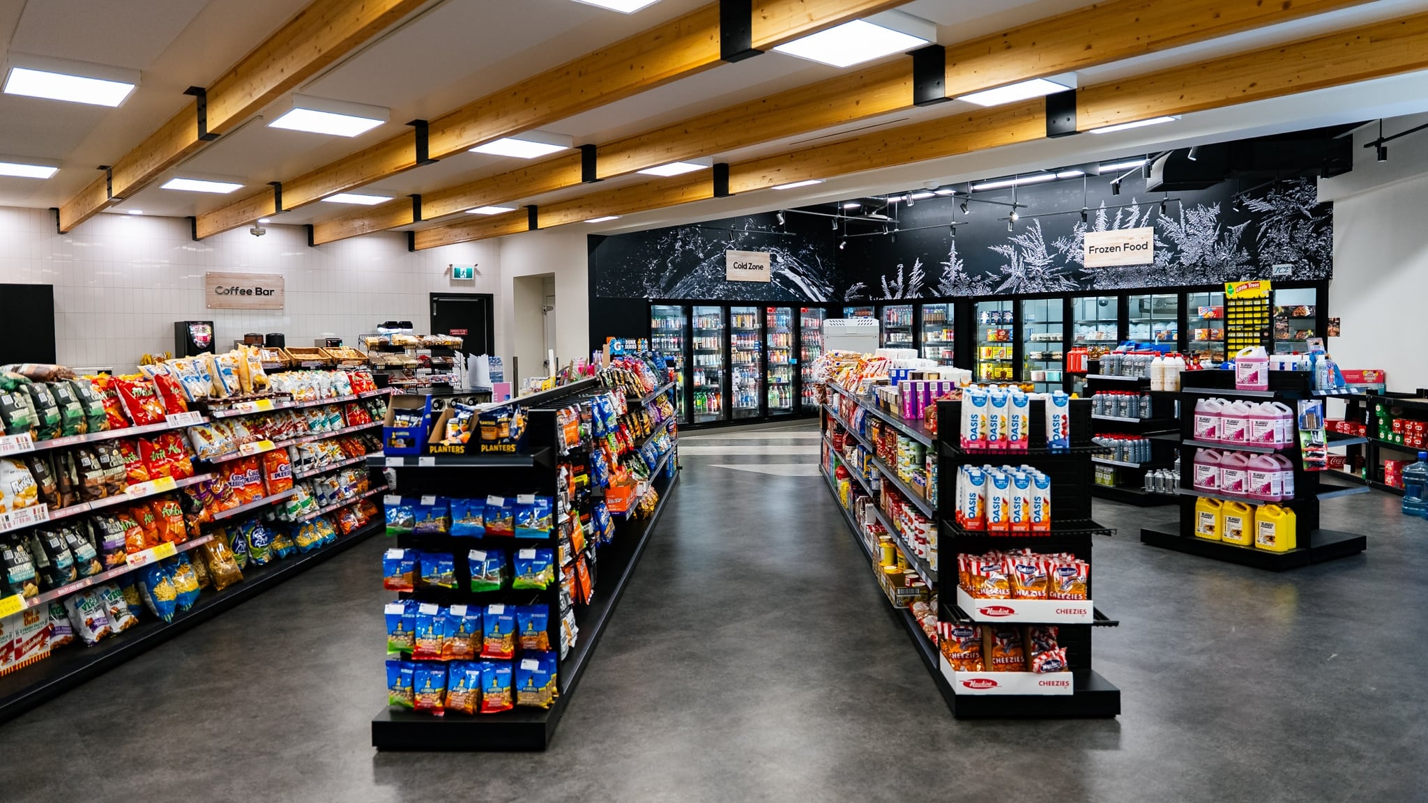 Bright convenience store with snacks.