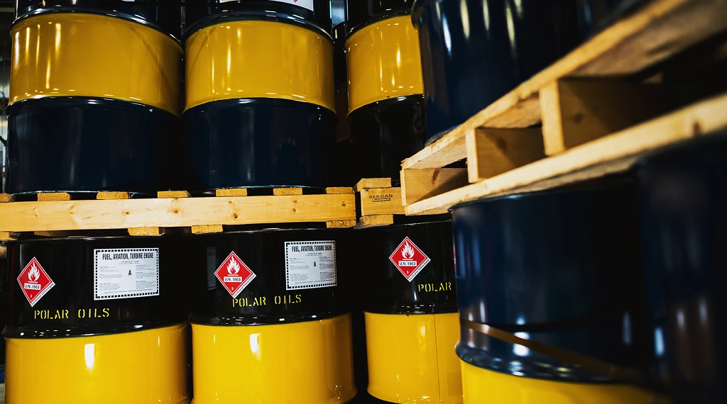 Polar Oils aviation fuel drums stacked