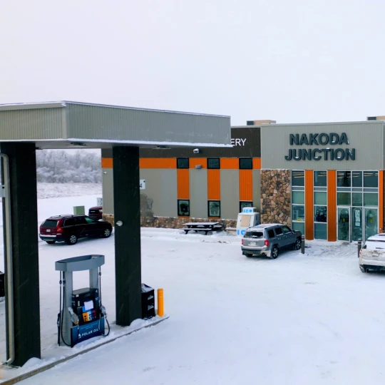 Gas station in snowy landscape