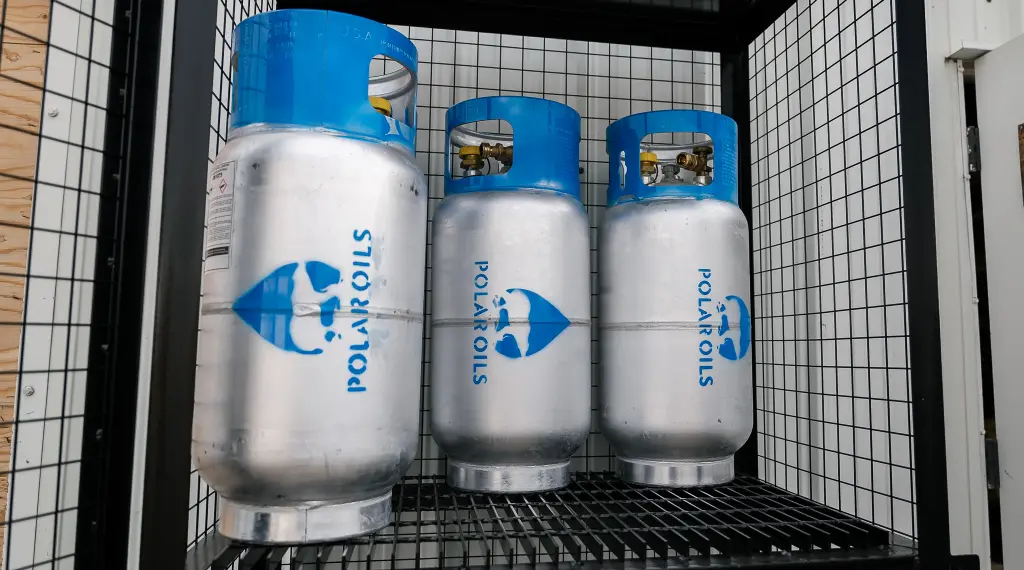 Three propane tanks in storage with Polar Oils branding