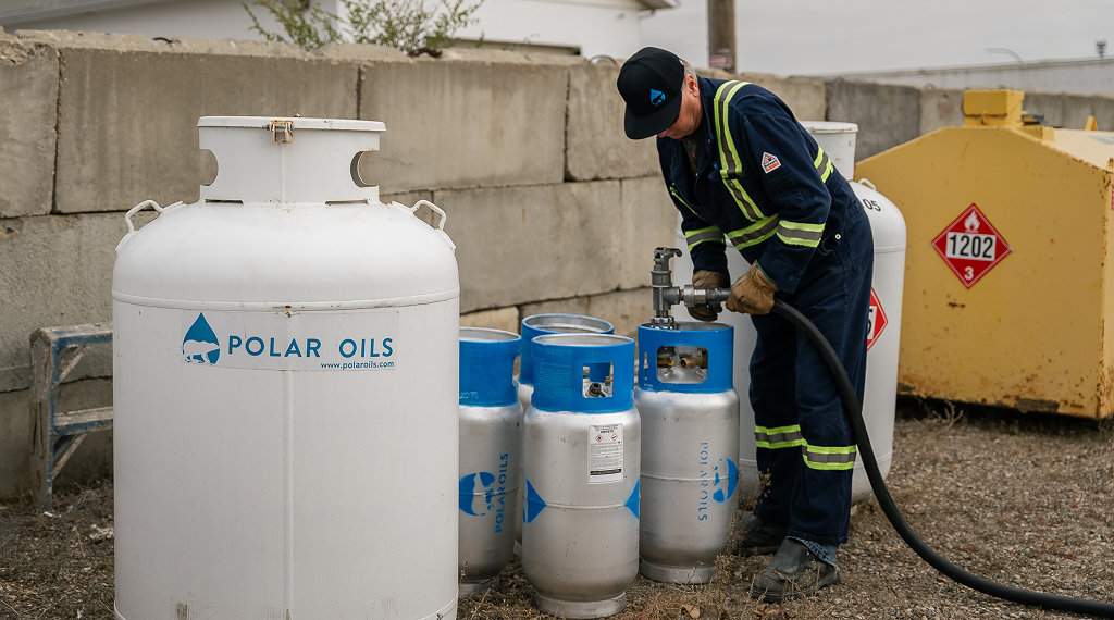Man filling propane tanks outdoors.
