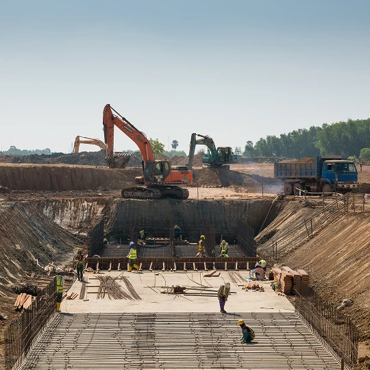 Construction site with heavy machinery working