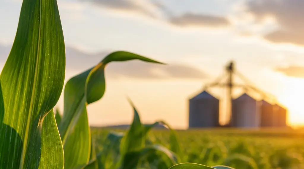 Corn leaves with silos at sunset.